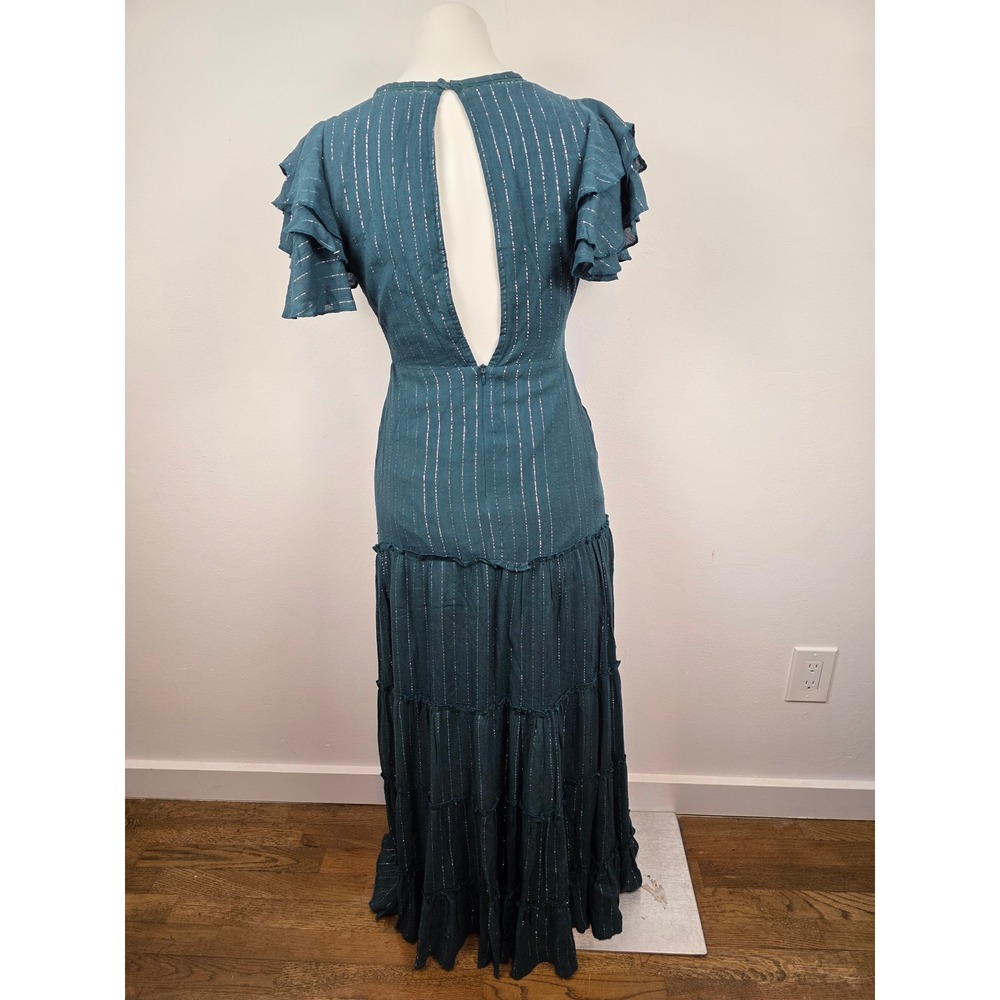 Cleobella Teal Green Metallic Silver Pinstripe Tiered Maxi Dress XS Open Back - Picture 2 of 9